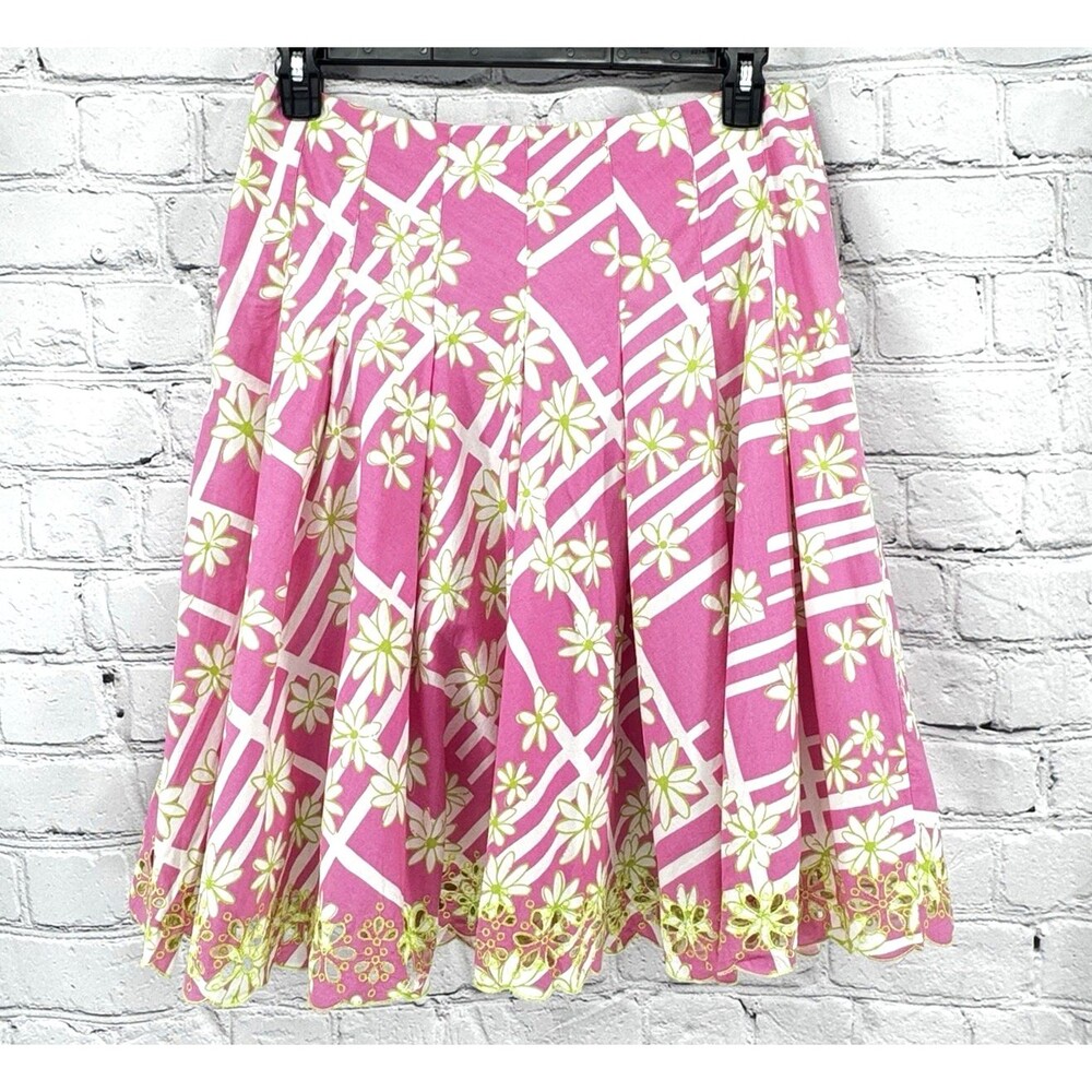Vintage Lilly Pulitzer Ingrid Skirt Size 8 Pink Green Eyelet Trim Lined Pleated